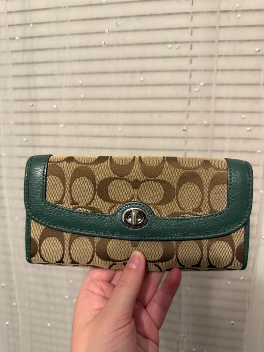 Coach Signature Canvas Wallet with Teal Leather Trim